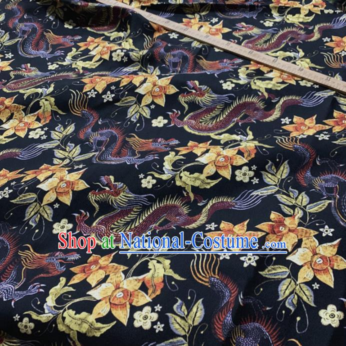 Chinese Classical Dragon Flowers Pattern Navy Silk Fabric Traditional Ancient Hanfu Dress Brocade Cloth