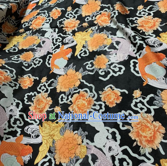 Chinese Classical Carp Peony Pattern Black Silk Fabric Traditional Ancient Hanfu Dress Brocade Cloth