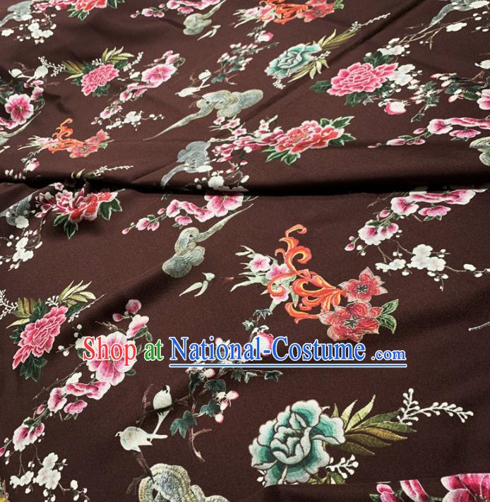 Chinese Classical Peony Pattern Deep Brown Silk Fabric Traditional Ancient Hanfu Dress Brocade Cloth