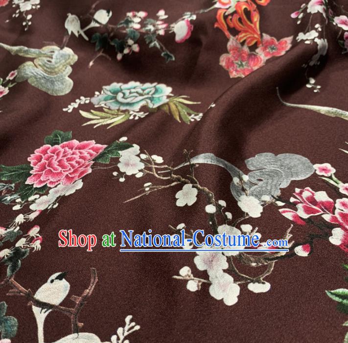 Chinese Classical Peony Pattern Deep Brown Silk Fabric Traditional Ancient Hanfu Dress Brocade Cloth