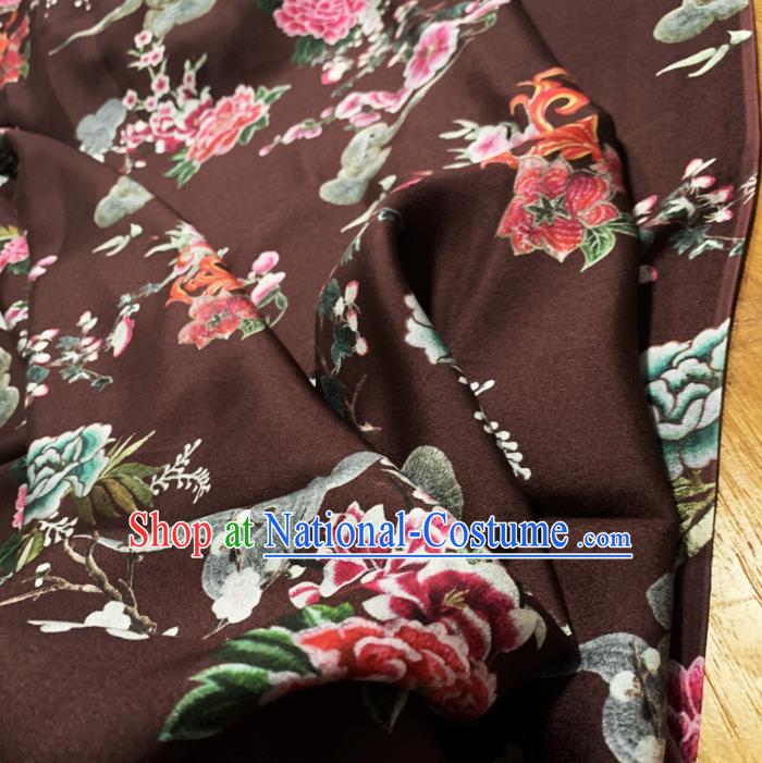 Chinese Classical Peony Pattern Deep Brown Silk Fabric Traditional Ancient Hanfu Dress Brocade Cloth