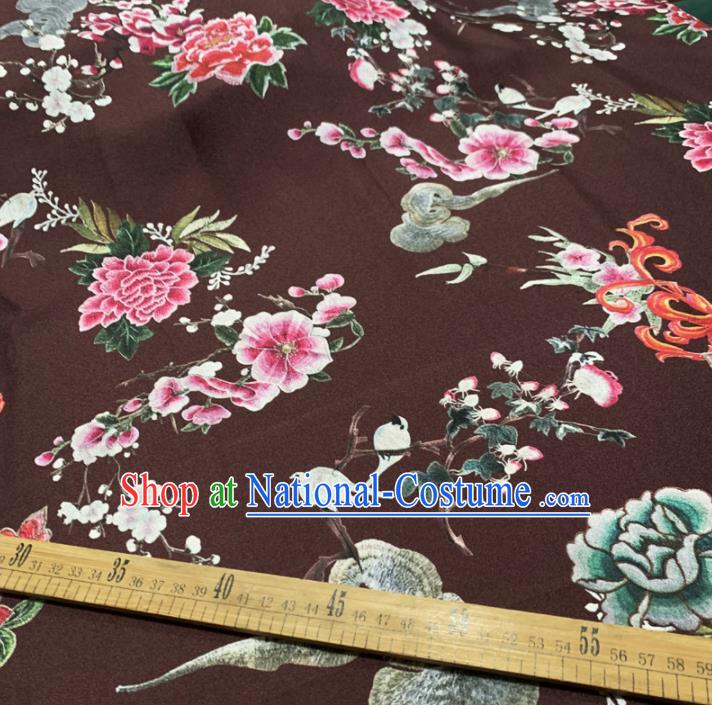 Chinese Classical Peony Pattern Deep Brown Silk Fabric Traditional Ancient Hanfu Dress Brocade Cloth