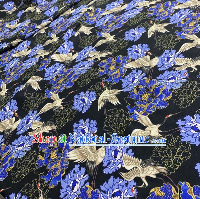 Chinese Classical Peony Cranes Pattern Black Silk Fabric Traditional Ancient Hanfu Dress Brocade Cloth