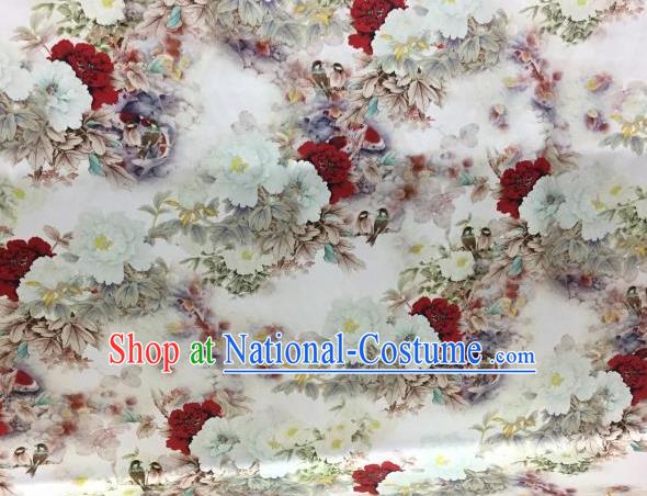 Traditional Chinese Classical Peony Pattern White Silk Fabric Ancient Hanfu Dress Brocade Cloth