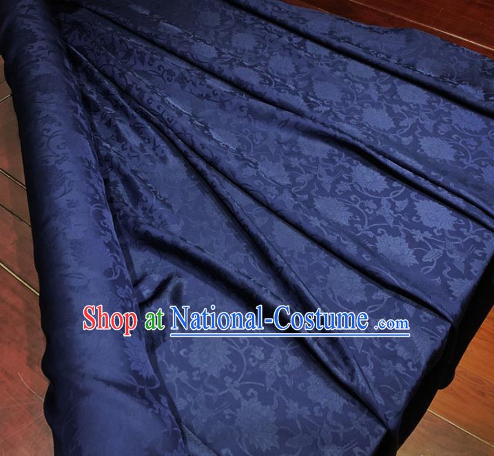 Chinese Classical Lotus Pattern Navy Blue Silk Fabric Traditional Ancient Hanfu Dress Brocade Cloth