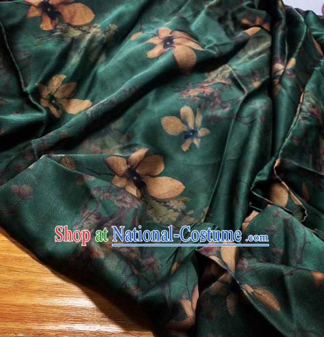 Chinese Classical Magnolia Pattern Dark Green Silk Fabric Traditional Ancient Hanfu Dress Brocade Cloth