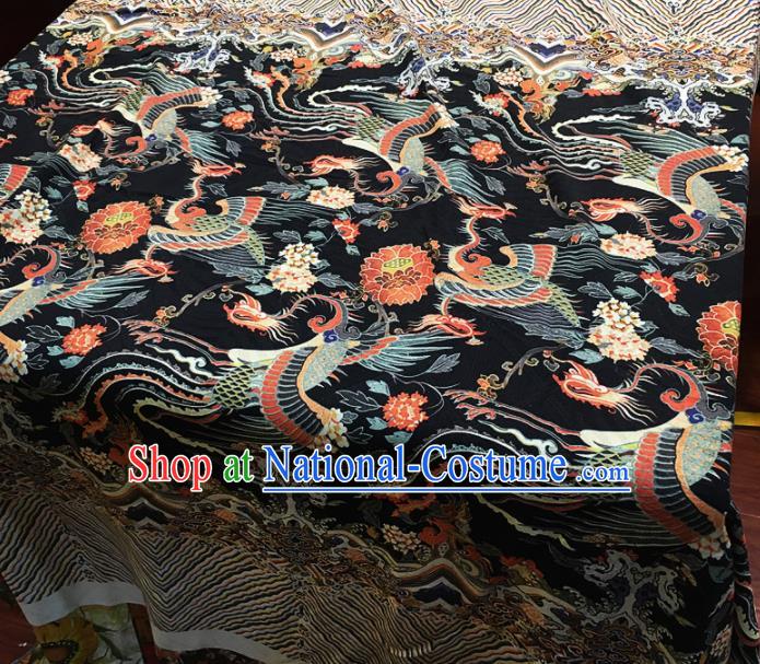 Chinese Classical Phoenix Lotus Pattern Black Silk Fabric Traditional Ancient Hanfu Dress Brocade Cloth