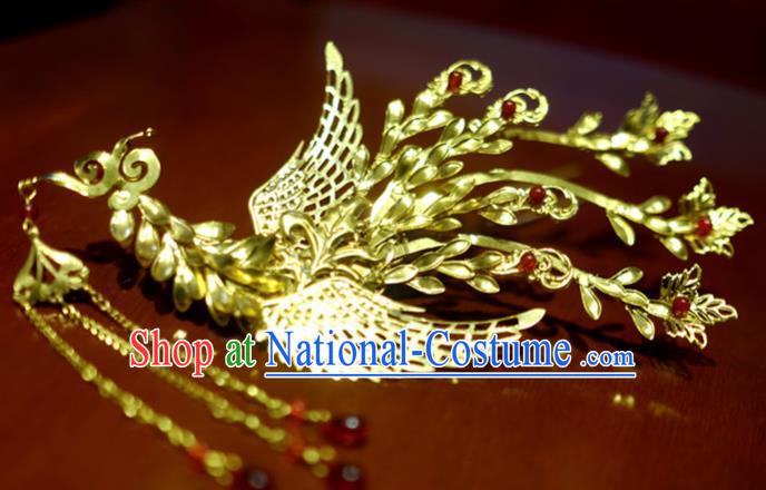 Chinese Traditional Ancient Court Queen Golden Tassel Phoenix Hairpins Classical Hanfu Hair Accessories for Women