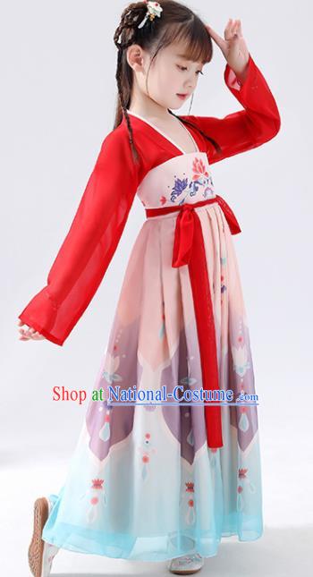 Chinese Traditional Tang Dynasty Girls Printing Hanfu Dress Ancient Princess Costume for Kids