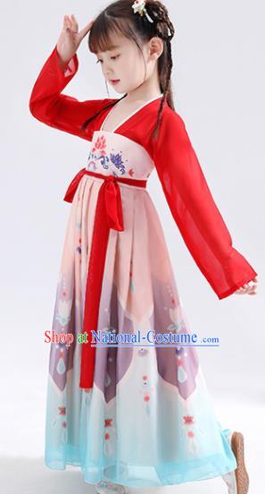 Chinese Traditional Tang Dynasty Girls Printing Hanfu Dress Ancient Princess Costume for Kids