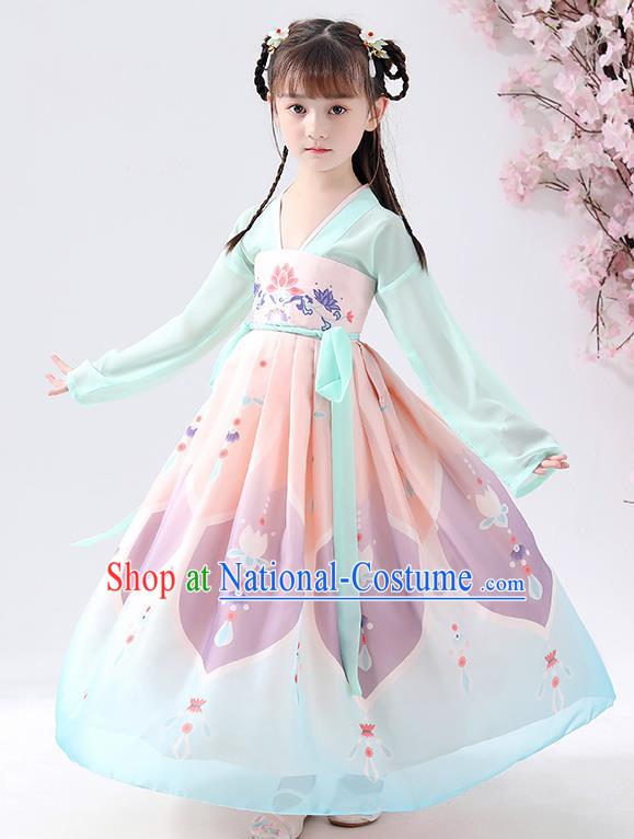 Chinese Traditional Tang Dynasty Girls Printing Light Blue Hanfu Dress Ancient Princess Costume for Kids