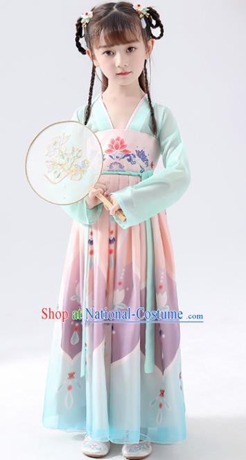 Chinese Traditional Tang Dynasty Girls Printing Light Blue Hanfu Dress Ancient Princess Costume for Kids