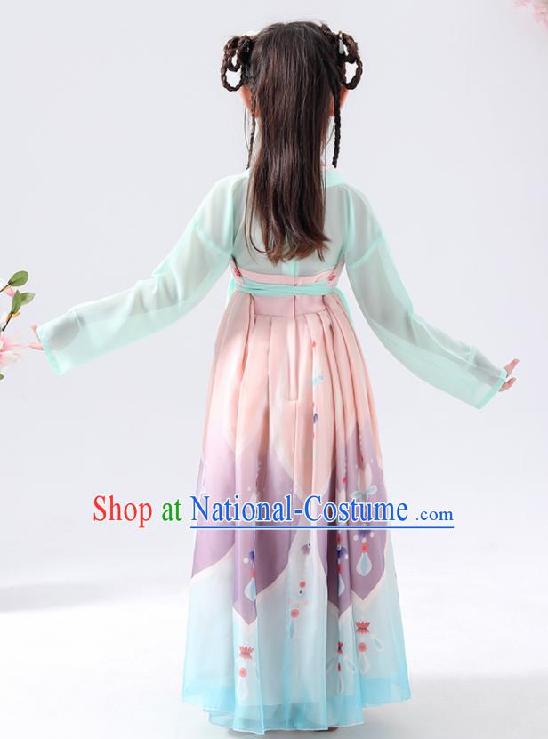 Chinese Traditional Tang Dynasty Girls Printing Light Blue Hanfu Dress Ancient Princess Costume for Kids