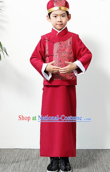 Chinese Traditional Qing Dynasty Boys Red Clothing Ancient Manchu Prince Costume for Kids