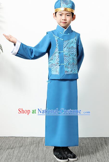 Chinese Traditional Qing Dynasty Boys Blue Clothing Ancient Manchu Prince Costume for Kids