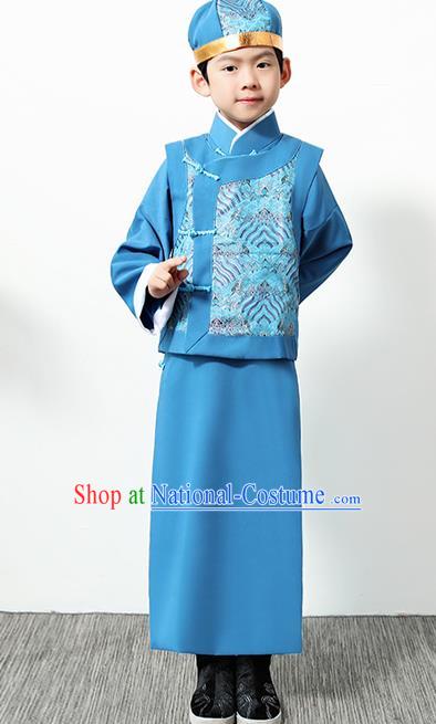 Chinese Traditional Qing Dynasty Boys Blue Clothing Ancient Manchu Prince Costume for Kids