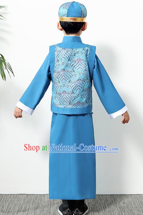 Chinese Traditional Qing Dynasty Boys Blue Clothing Ancient Manchu Prince Costume for Kids