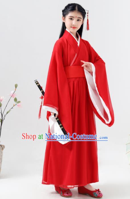 Chinese Traditional Jin Dynasty Girls Swordsman Red Hanfu Dress Ancient Princess Costume for Kids