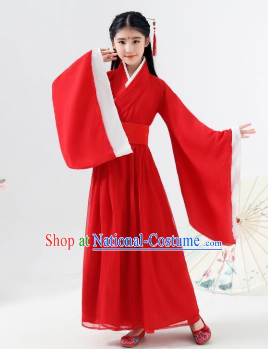 Chinese Traditional Jin Dynasty Girls Swordsman Red Hanfu Dress Ancient Princess Costume for Kids