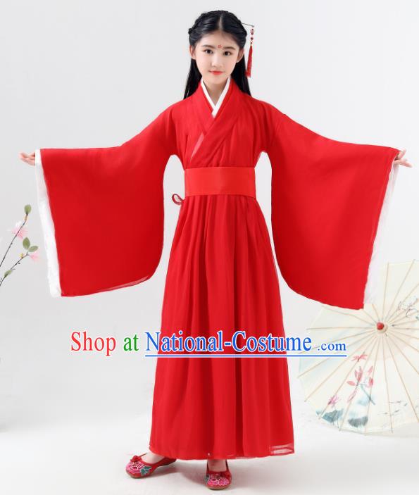 Chinese Traditional Jin Dynasty Girls Swordsman Red Hanfu Dress Ancient Princess Costume for Kids