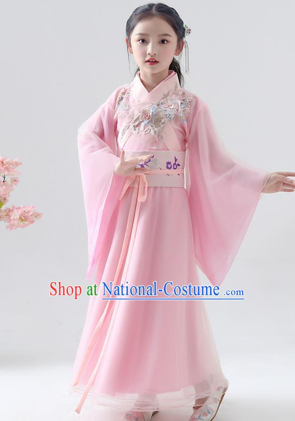 Chinese Traditional Jin Dynasty Girls Pink Hanfu Dress Ancient Peri Princess Costume for Kids