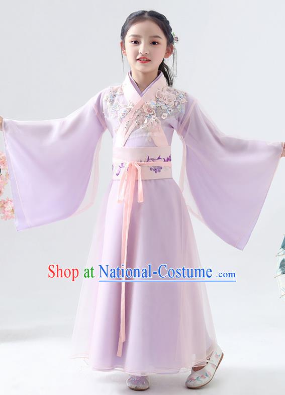 Chinese Traditional Jin Dynasty Girls Lilac Hanfu Dress Ancient Peri Princess Costume for Kids