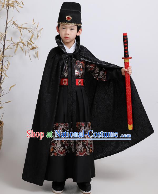 Chinese Traditional Ming Dynasty Imperial Guards Black Hanfu Clothing Ancient Boys Swordsman Costume for Kids