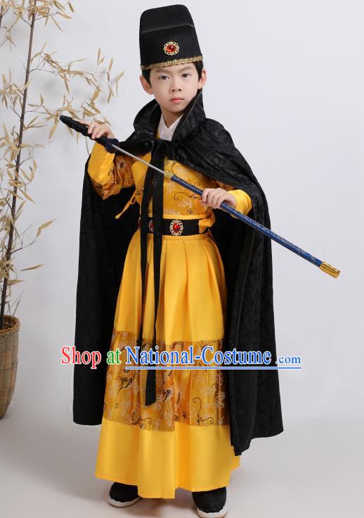 Chinese Traditional Ming Dynasty Imperial Guards Yellow Hanfu Clothing Ancient Boys Swordsman Costume for Kids