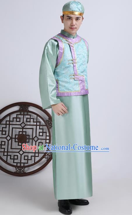 Chinese Traditional Qing Dynasty Royal Prince Green Hanfu Clothing Ancient Manchu Nobility Childe Costume for Men