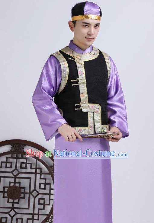 Chinese Traditional Qing Dynasty Royal Prince Purple Hanfu Clothing Ancient Manchu Nobility Childe Costume for Men