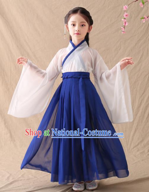 Chinese Traditional Jin Dynasty Girls Royalblue Hanfu Dress Ancient Peri Princess Costume for Kids