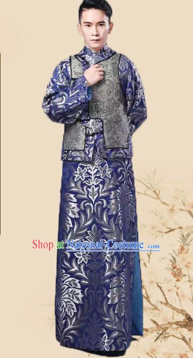 Chinese Traditional Qing Dynasty Prince Royalblue Hanfu Clothing Ancient Manchu Nobility Childe Costume for Men