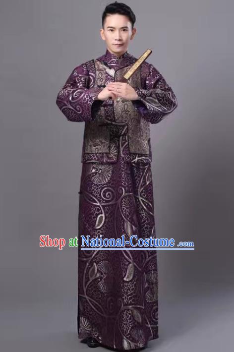 Chinese Traditional Qing Dynasty Prince Purple Hanfu Clothing Ancient Manchu Nobility Childe Costume for Men