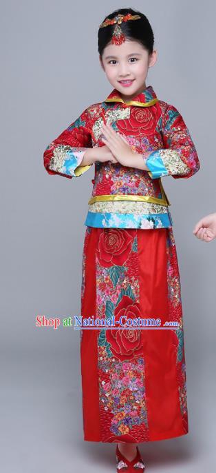 Chinese Traditional Qing Dynasty Girls Wedding Dress Ancient Court Princess Costume for Kids