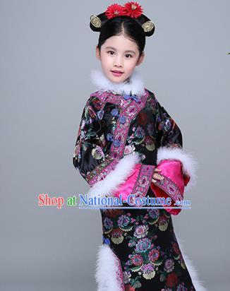 Chinese Traditional Qing Dynasty Princess Black Winter Dress Ancient Manchu Court Girl Costume for Kids