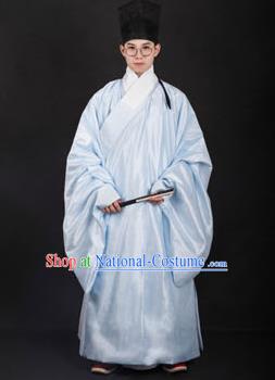 Chinese Traditional Ming Dynasty Minister Hanfu Light Blue Robe Ancient Officer Costume for Men