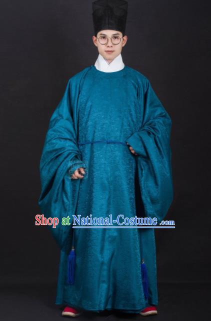 Chinese Traditional Ming Dynasty Minister Hanfu Blue Robe Ancient Officer Costume for Men