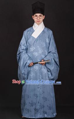 Chinese Traditional Ming Dynasty Taoist Priest Hanfu Blue Robe Ancient Scholar Costume for Men