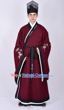 Chinese Traditional Ming Dynasty Taoist Priest Hanfu Wine Red Robe Ancient Scholar Costume for Men