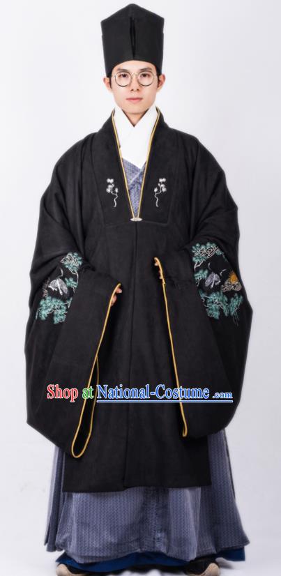 Chinese Traditional Ming Dynasty Scholar Hanfu Black Cloak Ancient Taoist Priest Costume for Men