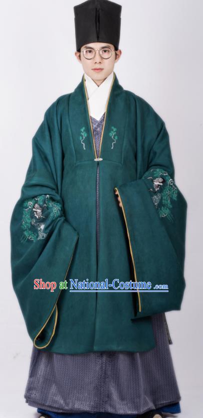 Chinese Traditional Ming Dynasty Scholar Hanfu Green Cloak Ancient Taoist Priest Costume for Men