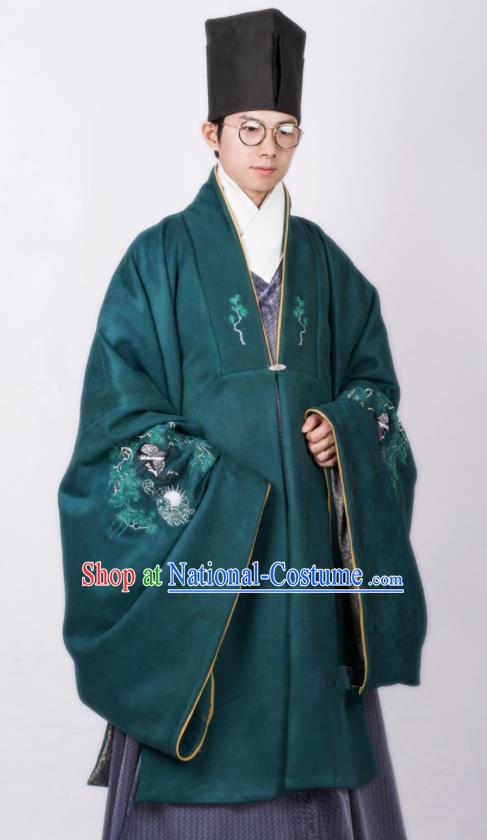 Chinese Traditional Ming Dynasty Scholar Hanfu Green Cloak Ancient Taoist Priest Costume for Men