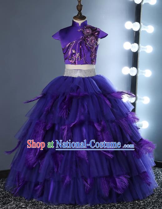 Top Grade Children Day Dance Performance Purple Feather Full Dress Kindergarten Girl Stage Show Costume for Kids