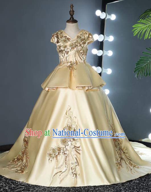 Top Grade Children Day Dance Performance Light Golden Full Dress Kindergarten Girl Stage Show Costume for Kids