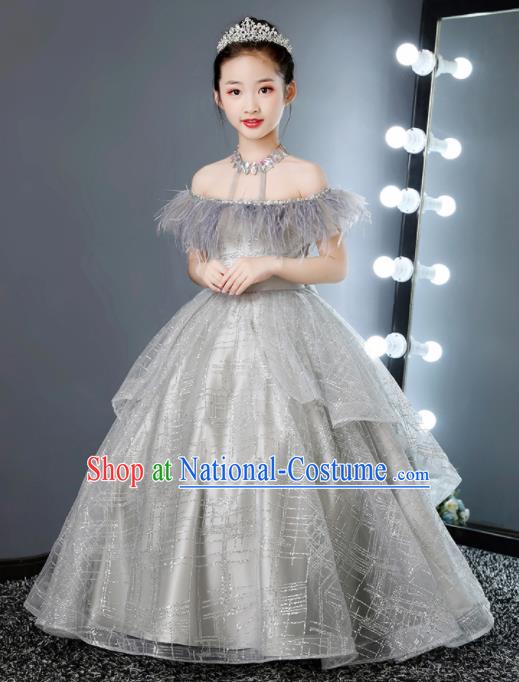 Top Grade Children Day Dance Performance Grey Full Dress Kindergarten Girl Stage Show Costume for Kids