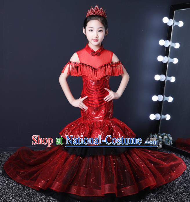 Top Grade Children Day Dance Performance Red Veil Trailing Dress Kindergarten Girl Stage Show Costume for Kids