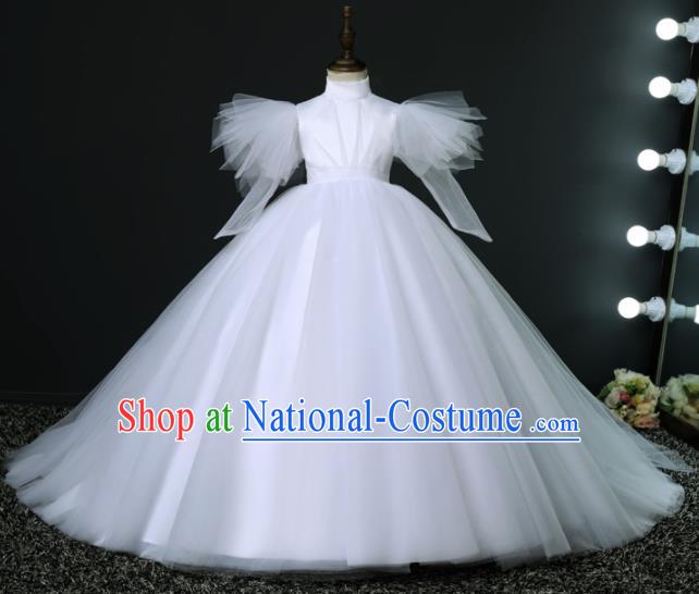 Top Grade Children Day Dance Performance White Veil Trailing Wedding Dress Kindergarten Girl Stage Show Costume for Kids