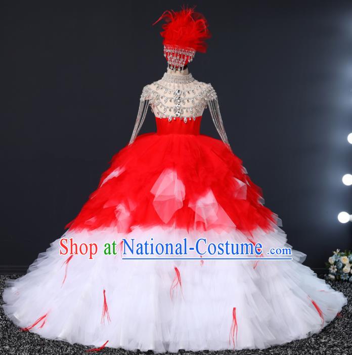 Top Grade Children Day Dance Performance Red Veil Trailing Dress Kindergarten Girl Stage Show Costume for Kids