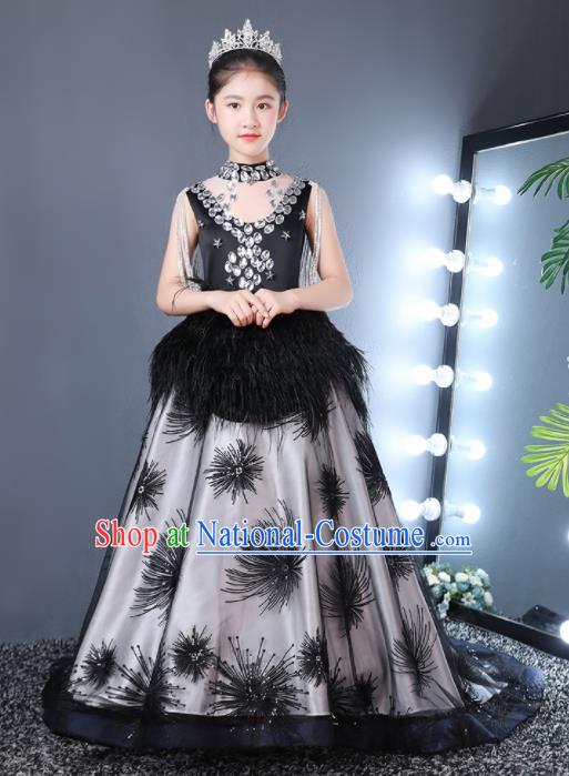 Top Grade Children Day Dance Performance Black Full Dress Kindergarten Girl Stage Show Costume for Kids