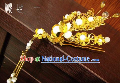 Chinese Ancient Court Queen Tassel Golden Hairpins Traditional Classical Hanfu Hair Accessories for Women